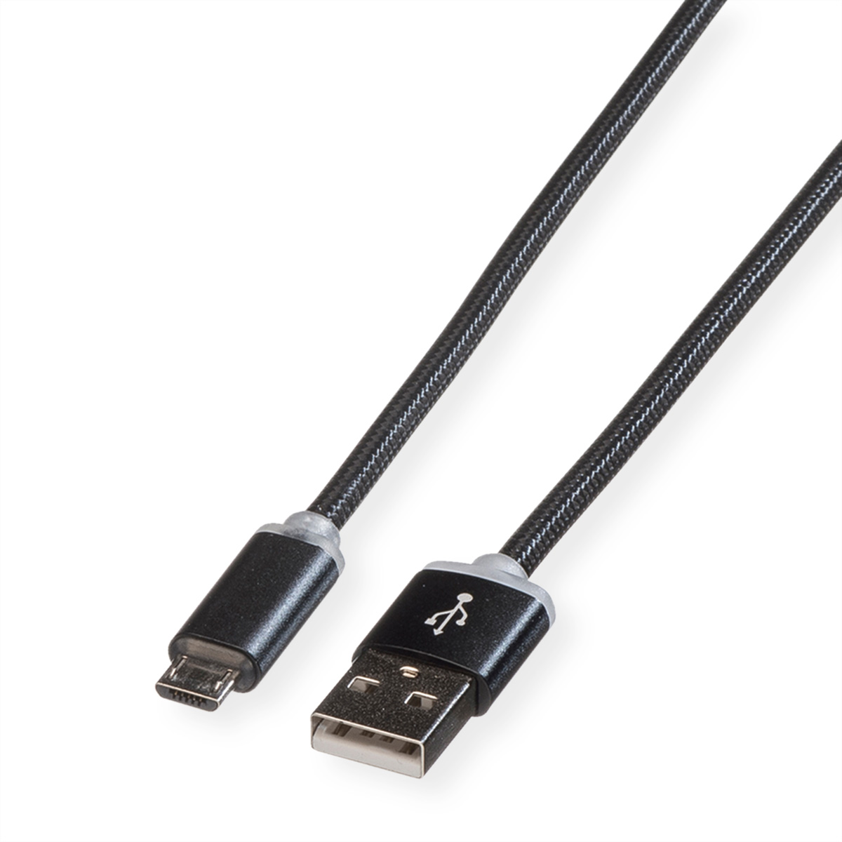Cavo USB nero con un connettore USB-A e un connettore micro-USB, su sfondo bianco.