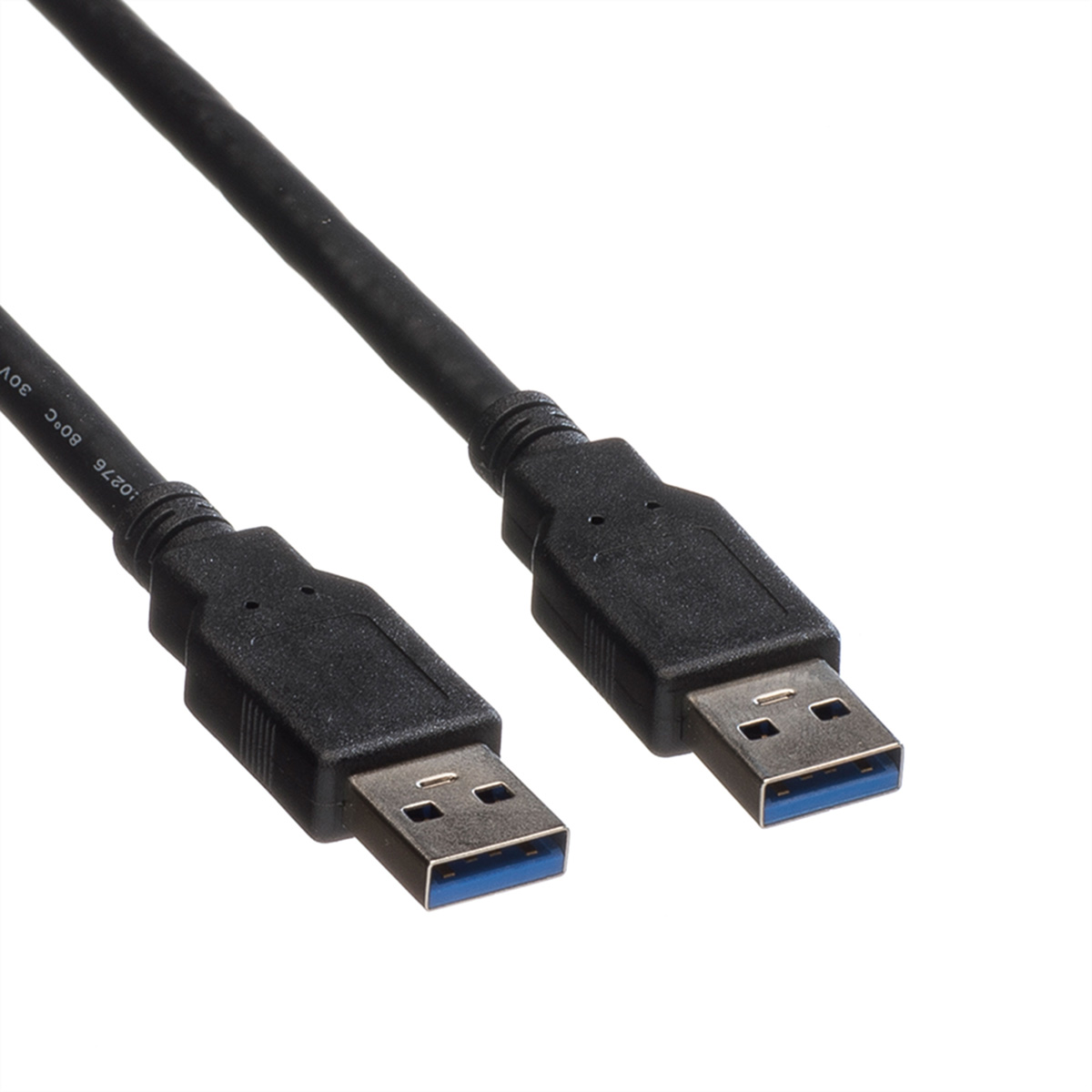Cavo USB nero con due connettori USB. Sfondo bianco.