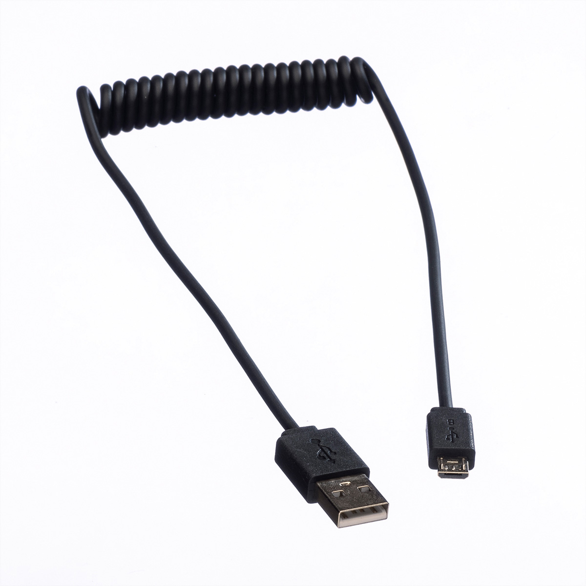 Un câble USB noir avec une spirale et un connecteur USB-A et micro-USB.