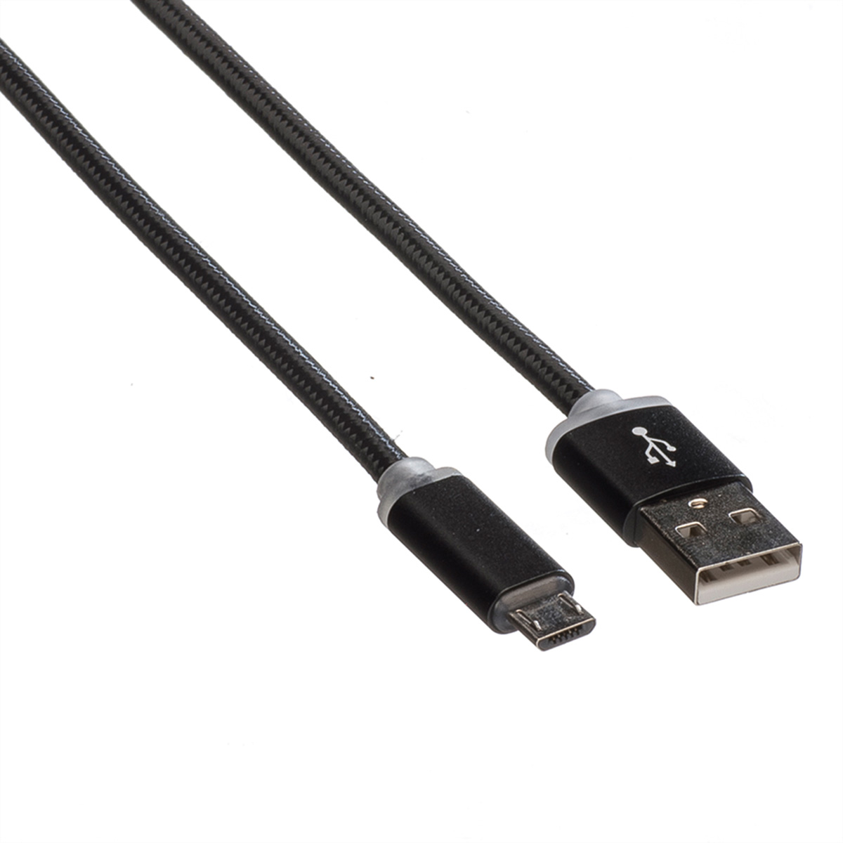 Cavo USB nero con connettore micro-USB e USB-A su sfondo bianco.