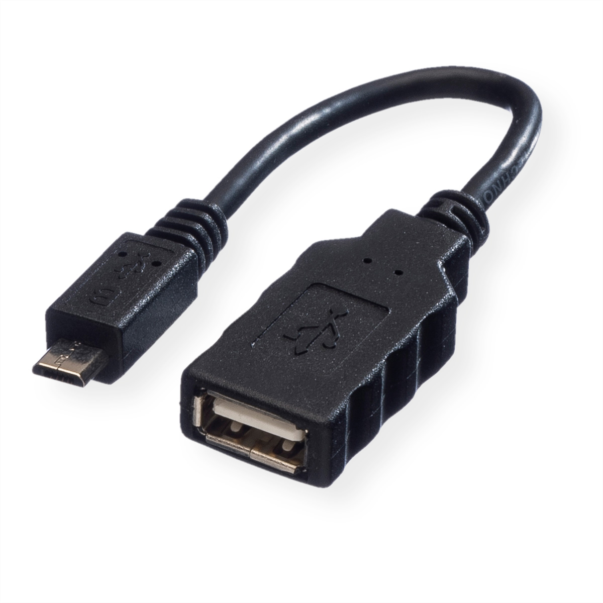 Zwarte USB-adapterkabel met micro-USB- en USB-A-connectoren, witte achtergrond.