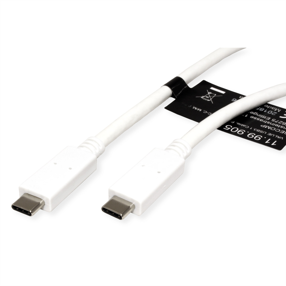 Due cavi USB-C bianchi con connettori bianchi, su sfondo bianco. Etichetta con testo e numeri.