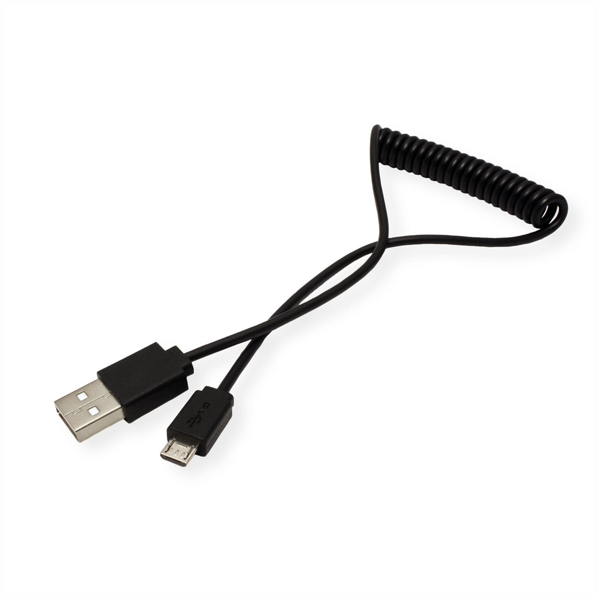 Un câble noir USB vers micro USB. Le câble est enroulé au milieu.