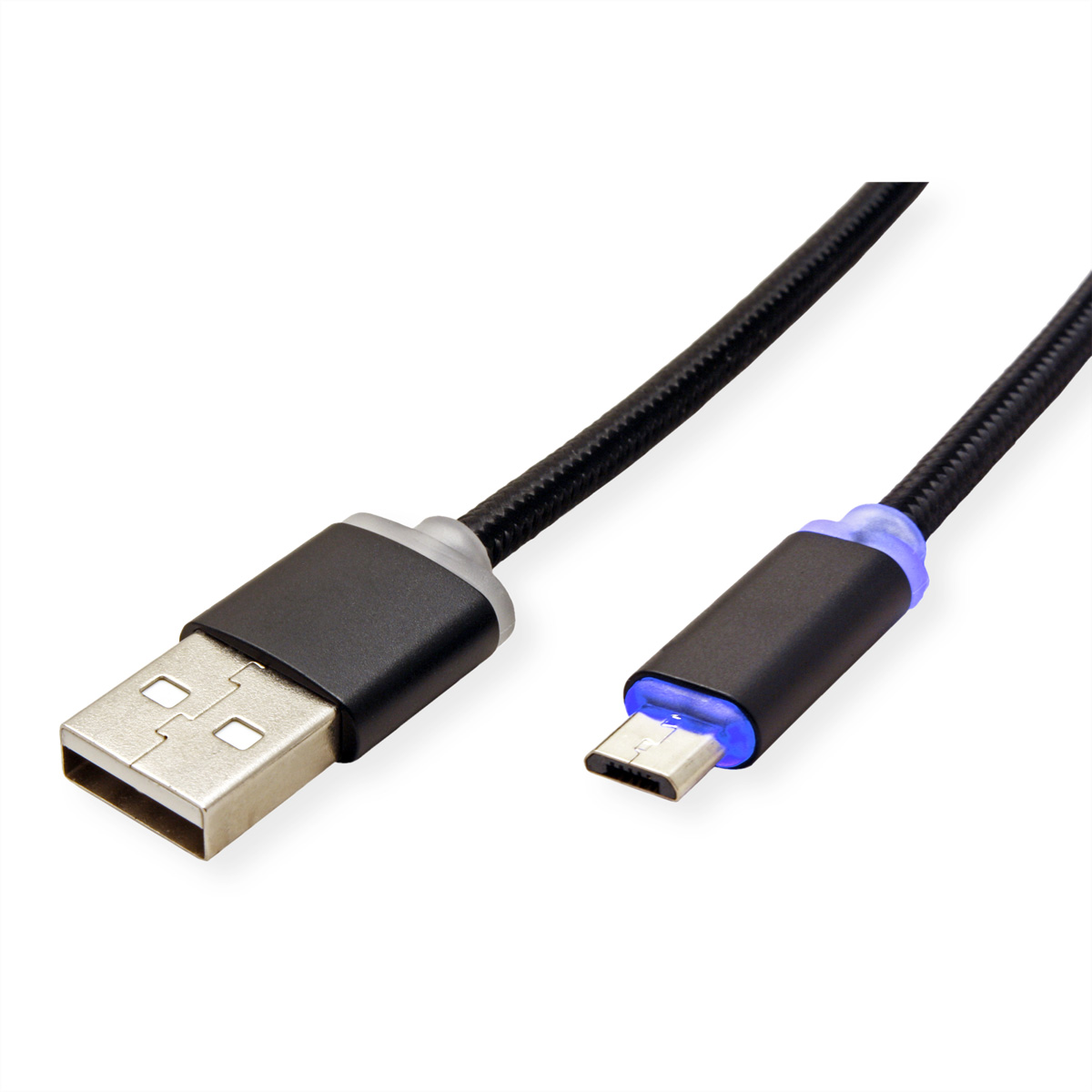 Cavo da USB a Micro USB nero. Il lato USB è argento, il micro USB è nero.