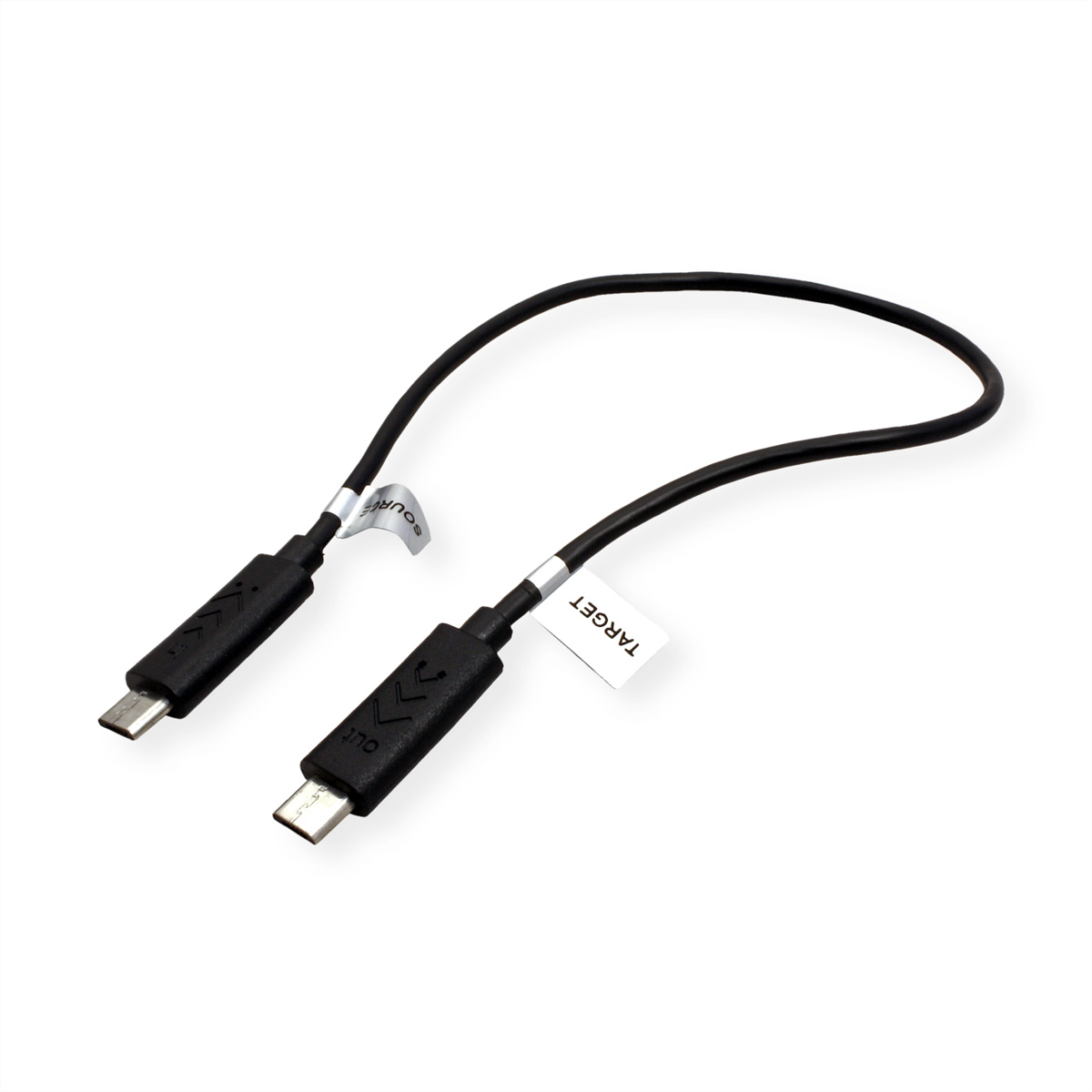 Zwarte USB-C-kabel met SOURCE- en TARGET-labels. Kabel staat op een witte achtergrond.