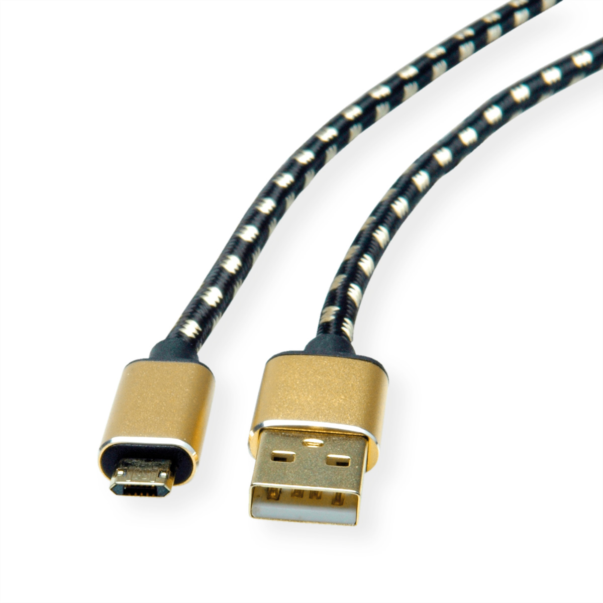 Câble USB, connecteurs dorés, tressé noir et blanc. Micro USB vers USB-A.