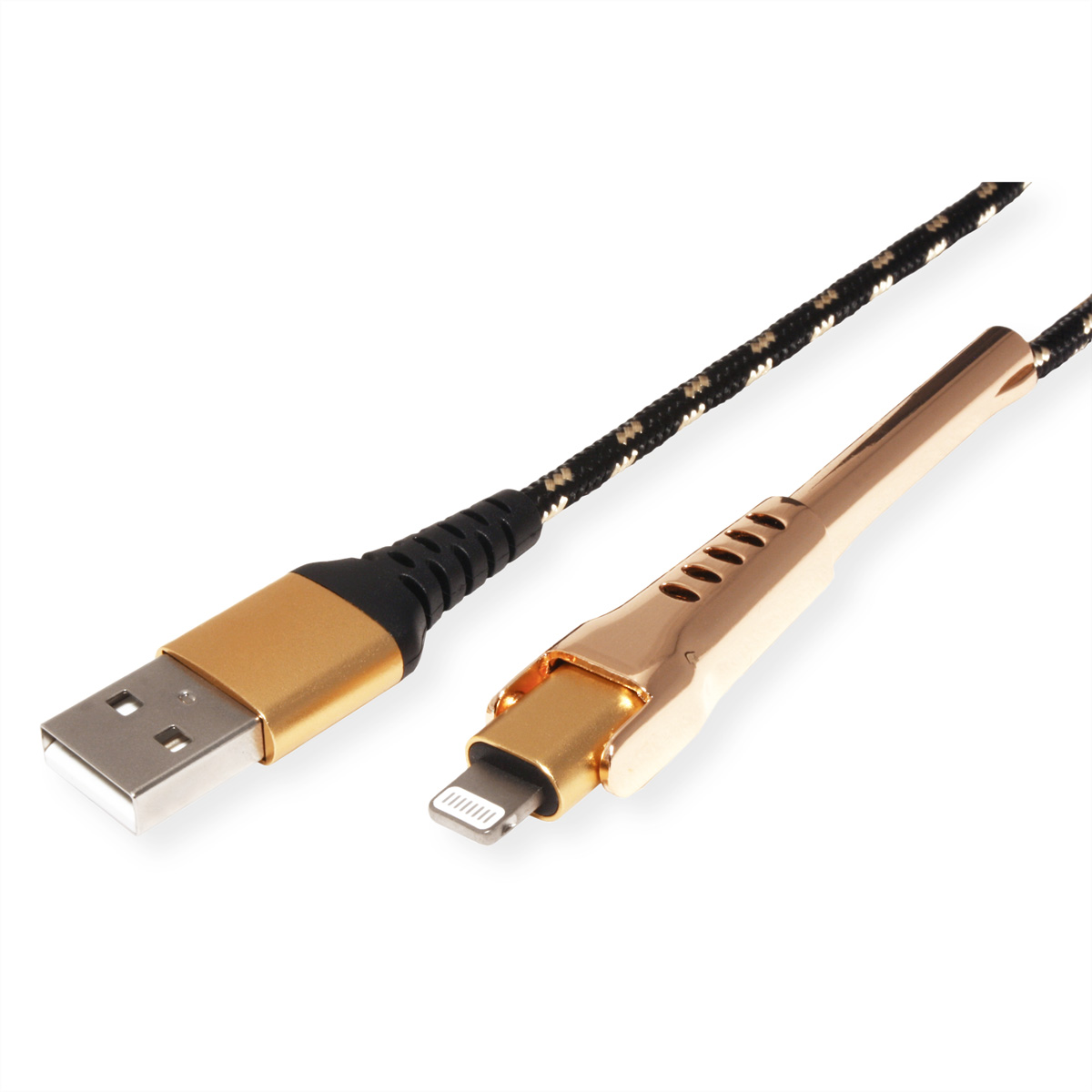A gold USB to Lightning cable with a black and white braided design.