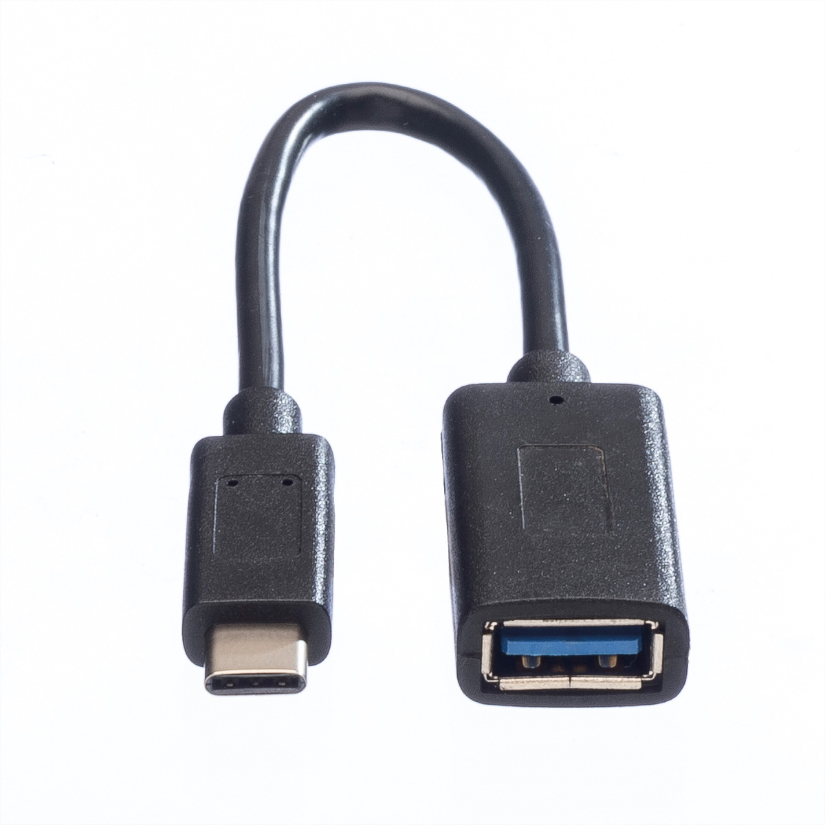 Black USB to USB-C adapter cable against a white background.
