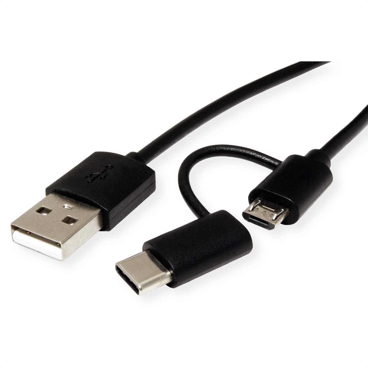 Câble USB noir, connecteurs USB-A vers USB-C et micro-USB, sur fond blanc.
