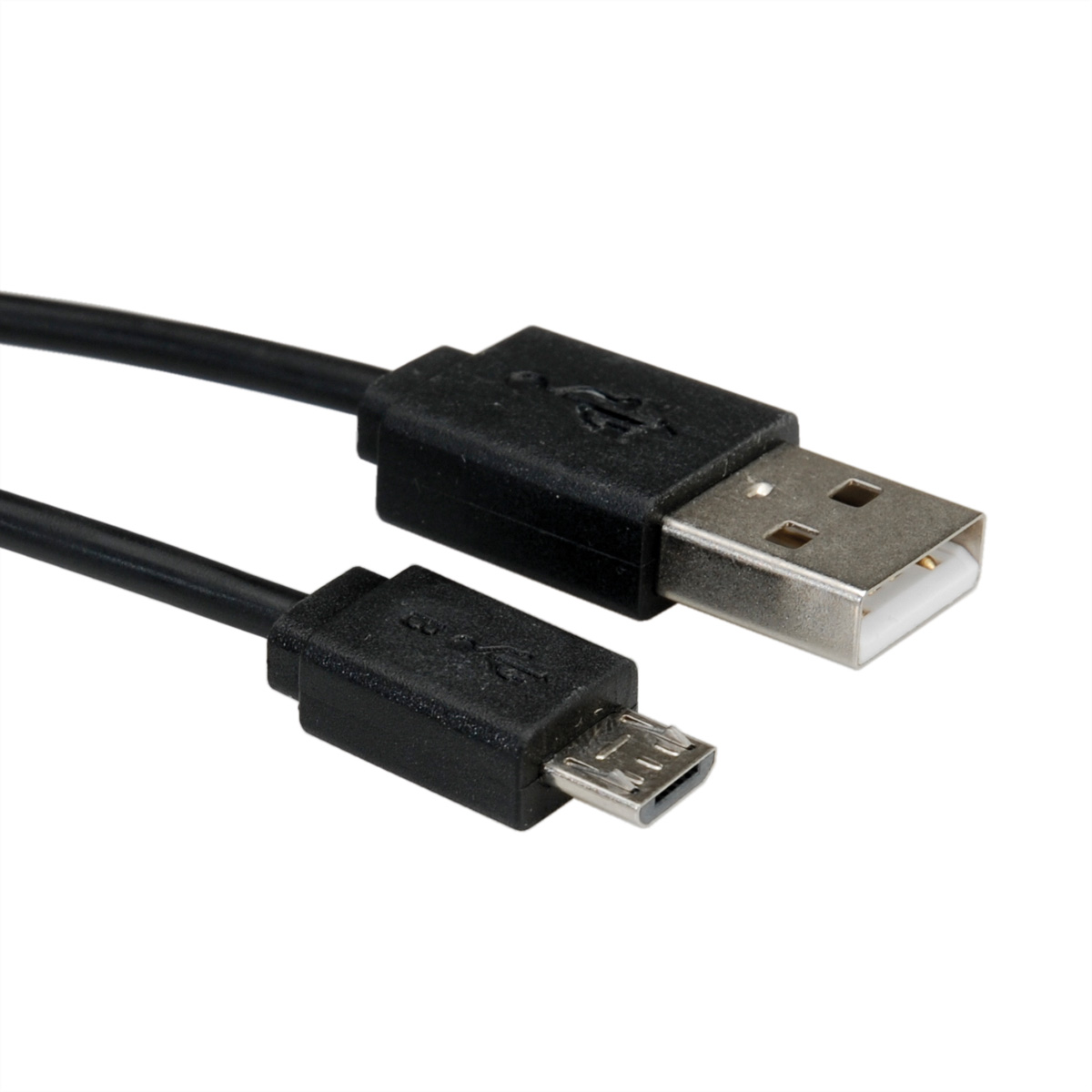 Deux câbles USB noirs, avec un connecteur micro-USB et un connecteur USB standard, sur blanc.