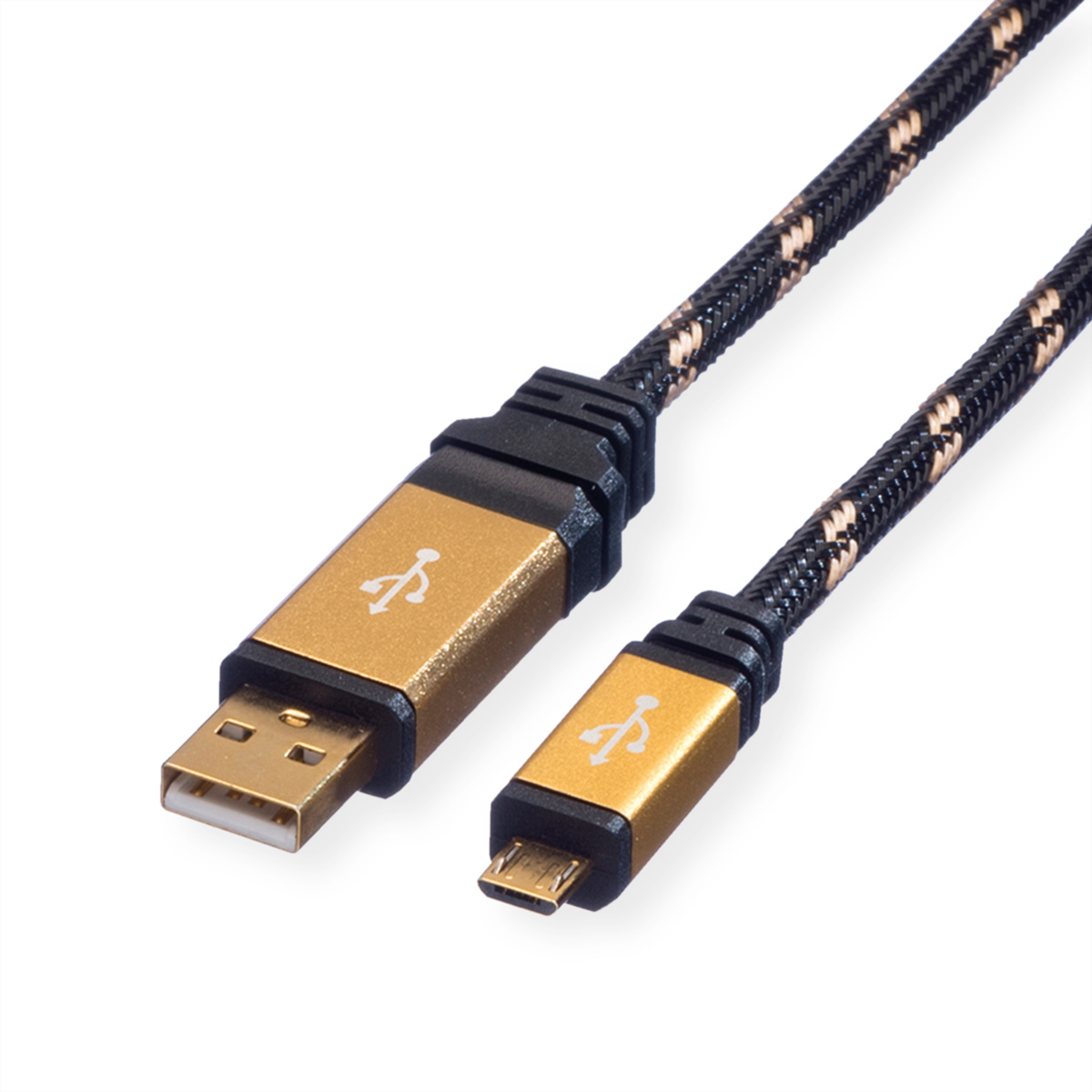 Un câble USB doré et noir avec un connecteur USB-A et un micro-USB. Les deux connecteurs sont dorés.
