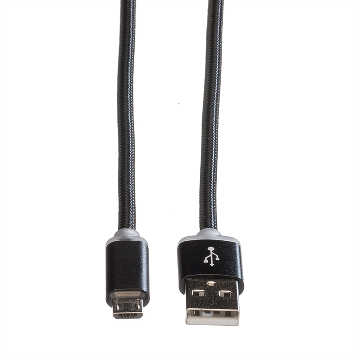Due cavi USB a micro-USB neri, affiancati, su sfondo bianco.