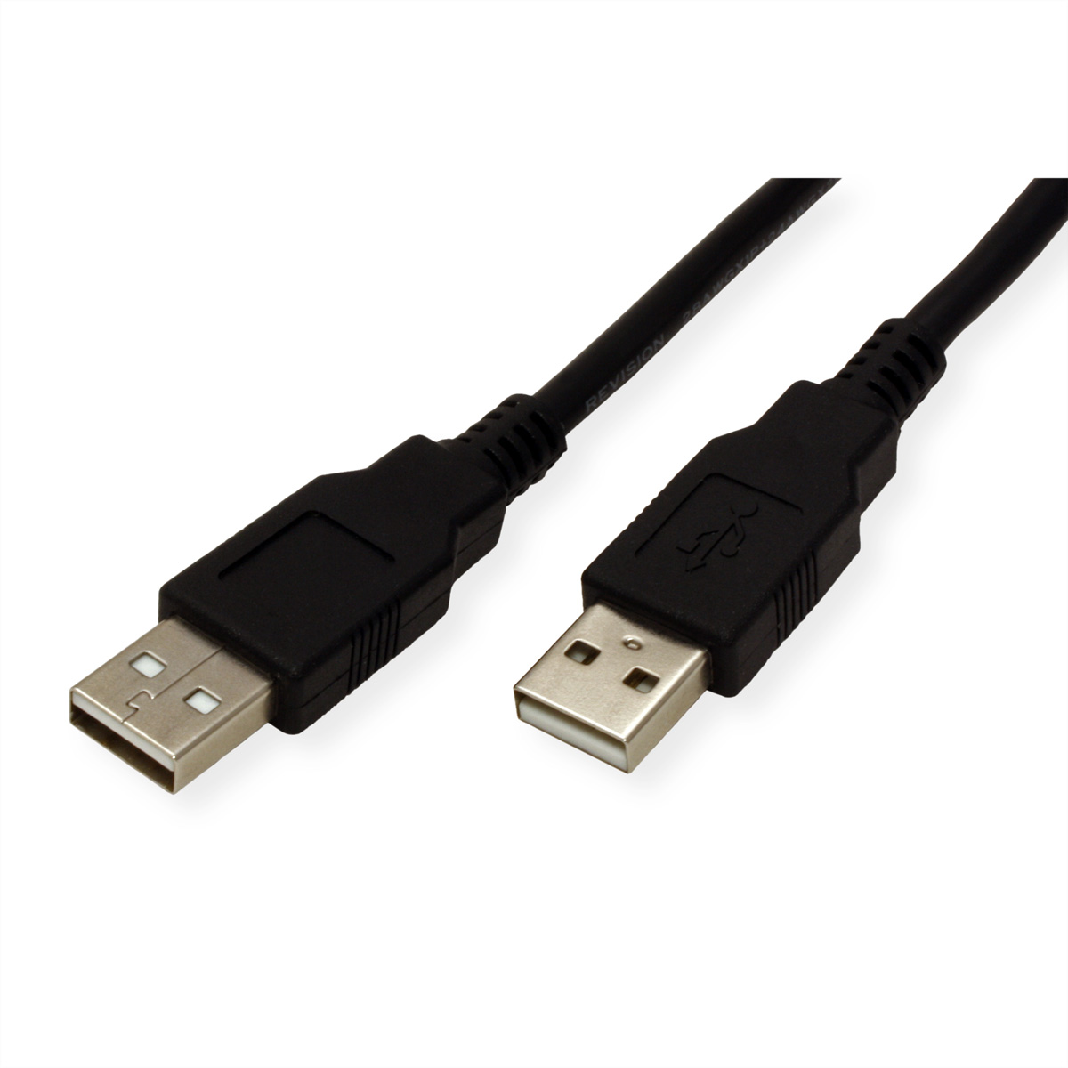 Deux câbles USB noirs avec connecteurs, un USB-A et un USB-B.