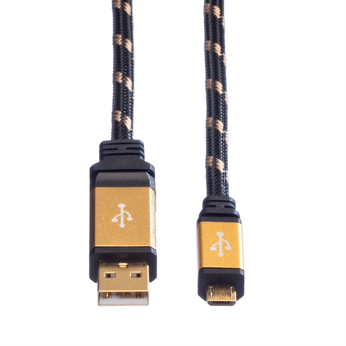 Twee zwarte en gouden USB-kabels met verschillende connectoren.