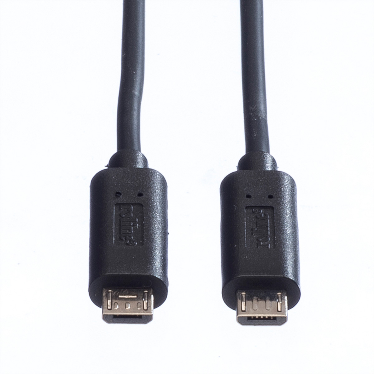 Gros plan de deux câbles micro USB noirs avec connecteurs vers le haut, sur fond blanc.