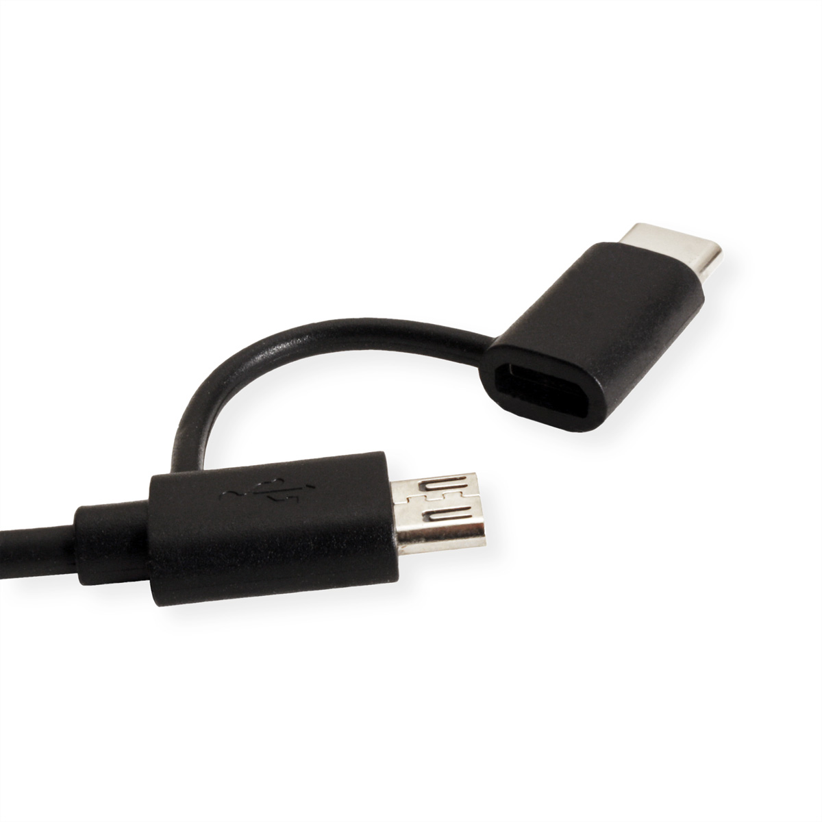Câble adaptateur USB vers Micro-USB et USB-C noir. Fond blanc.