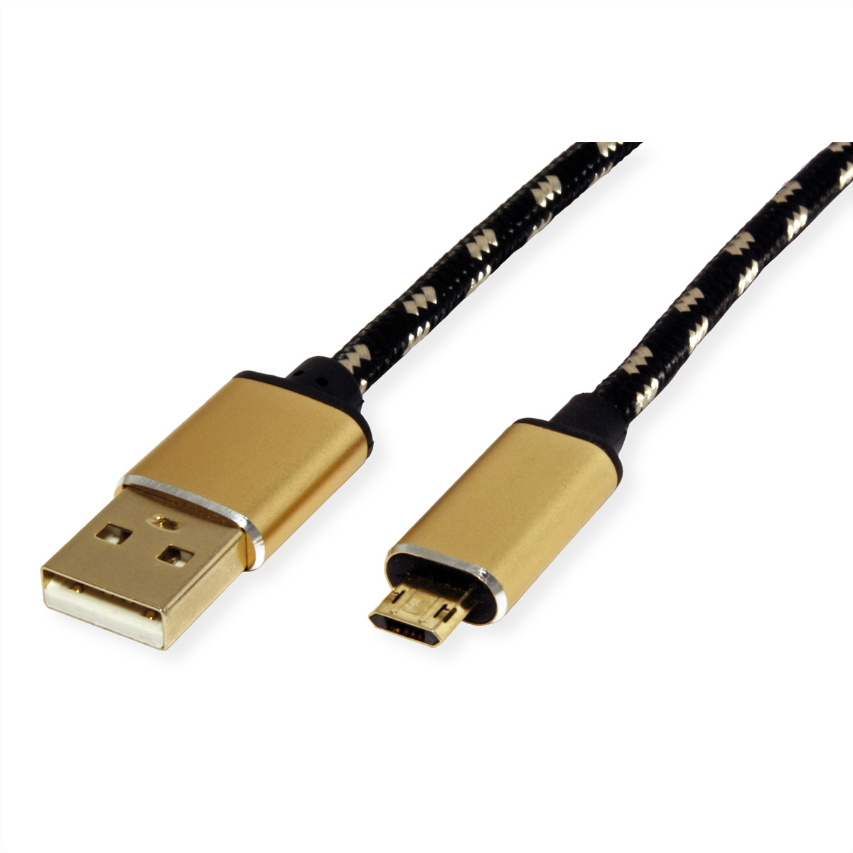 Câble USB vers Micro USB. Le câble est noir et doré. Les connecteurs sont dorés.