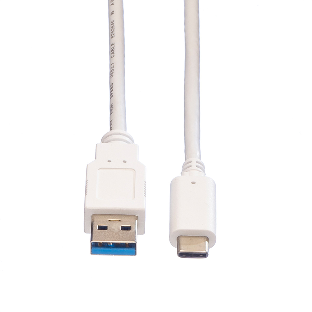 Witte USB-C naar USB-A kabel. Close-up, connectoren aan elk uiteinde, witte achtergrond.