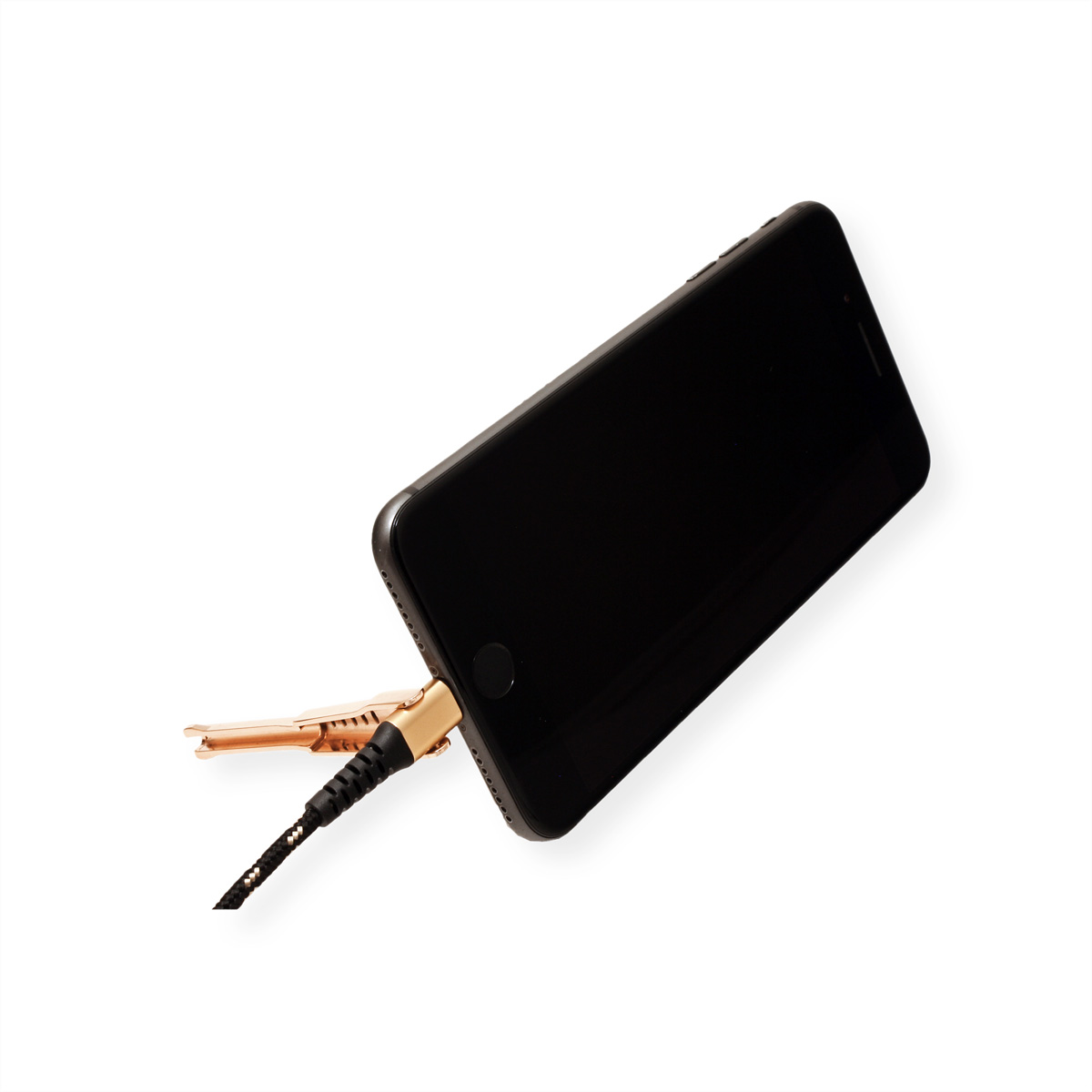 Black smartphone with a gold connector plugged in. A black and gold cable is connected.