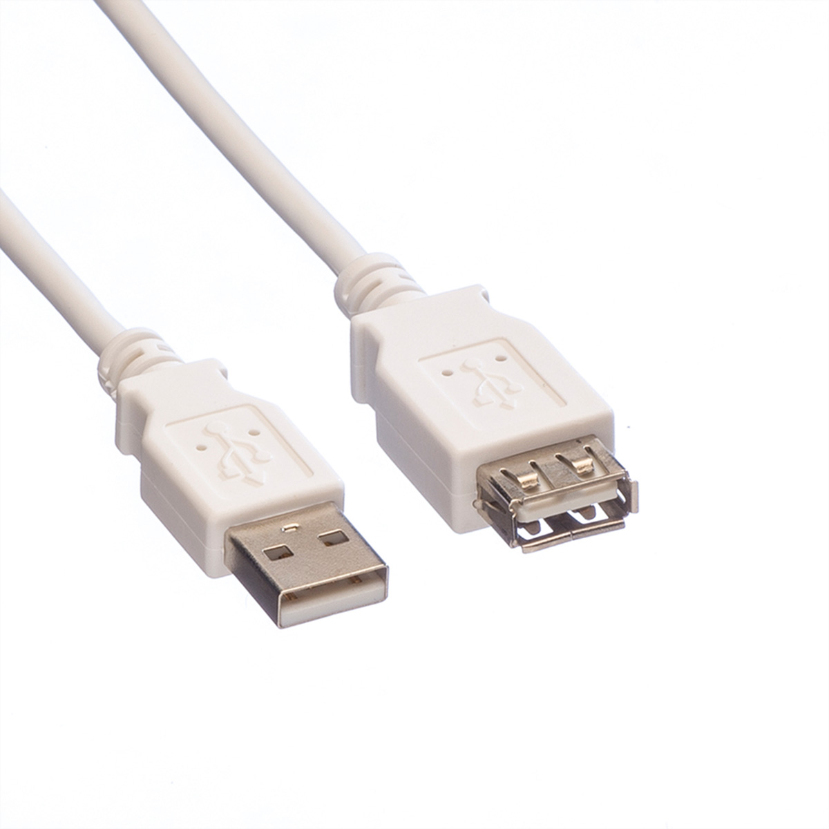 Zwei weiße USB-Kabel mit USB-A-Anschlüssen. Ein Ende ist männlich, das andere weiblich.