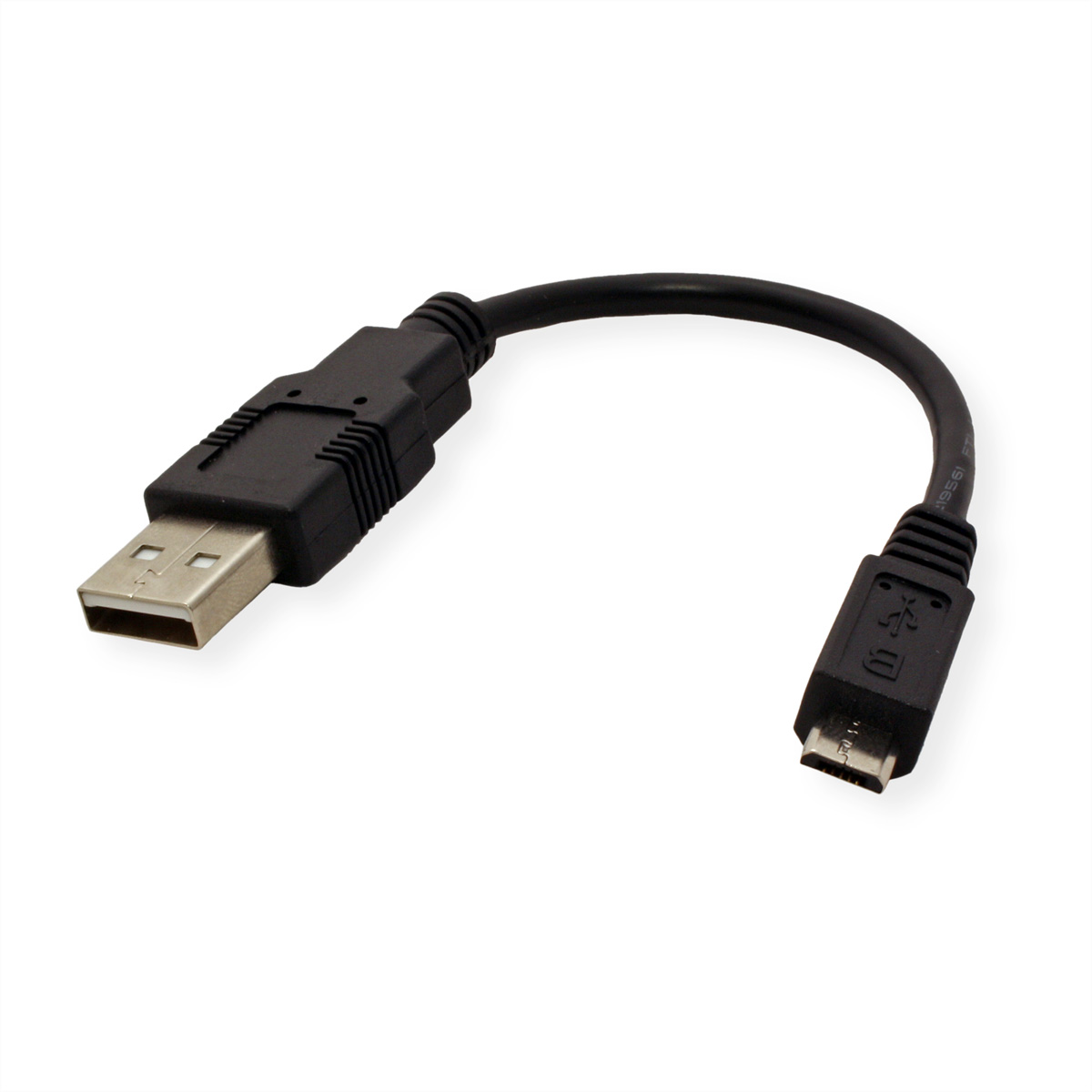 Câble USB noir avec connecteurs USB-A vers micro-USB. Câble et connecteurs noirs. Fond blanc.