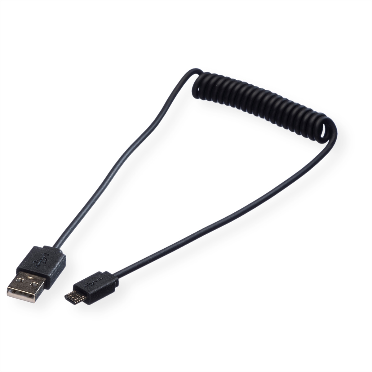 Câble USB noir enroulé. Une extrémité est USB et l'autre micro USB.