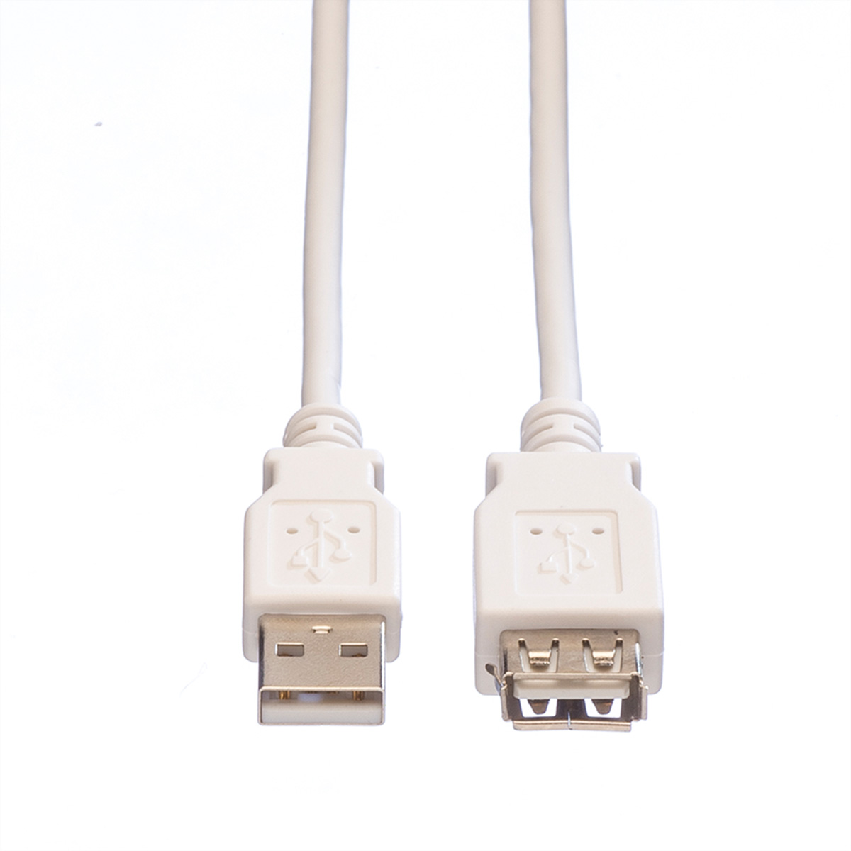 Zwei weiße USB-Kabel mit USB-A- und USB-B-Anschlüssen auf weißem Hintergrund.