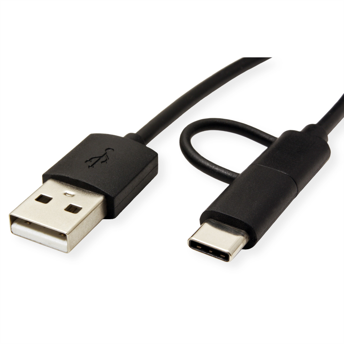 Câble USB-A vers USB-C noir sur fond blanc, connecteurs visibles.