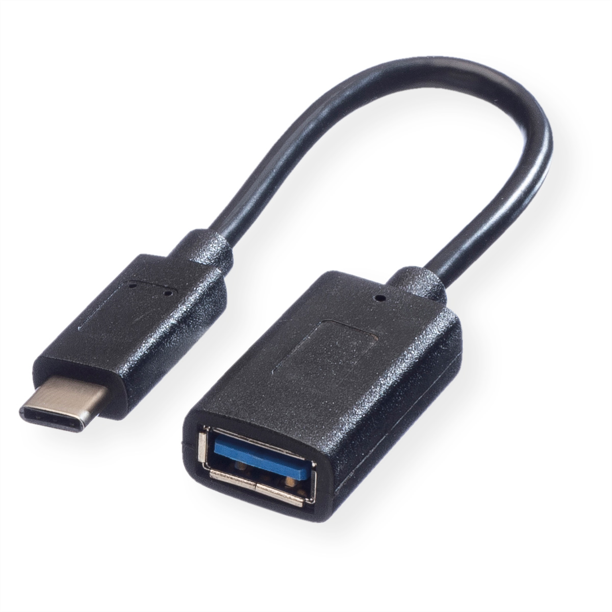 A black USB to USB-C adapter cable on a white background.