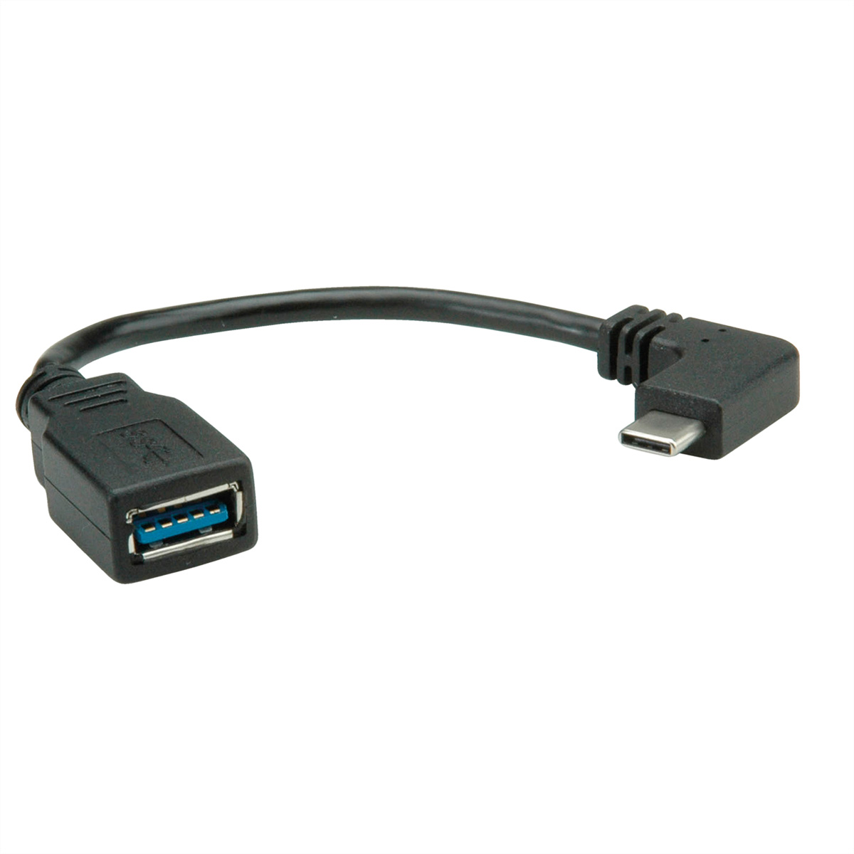 A black USB to USB-C adapter cable on a white background.  The connectors are visible.