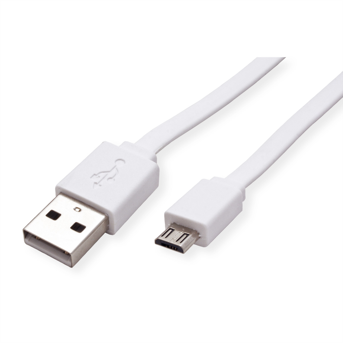 Een witte USB-kabel met USB- en micro-USB-connectoren op een witte achtergrond.