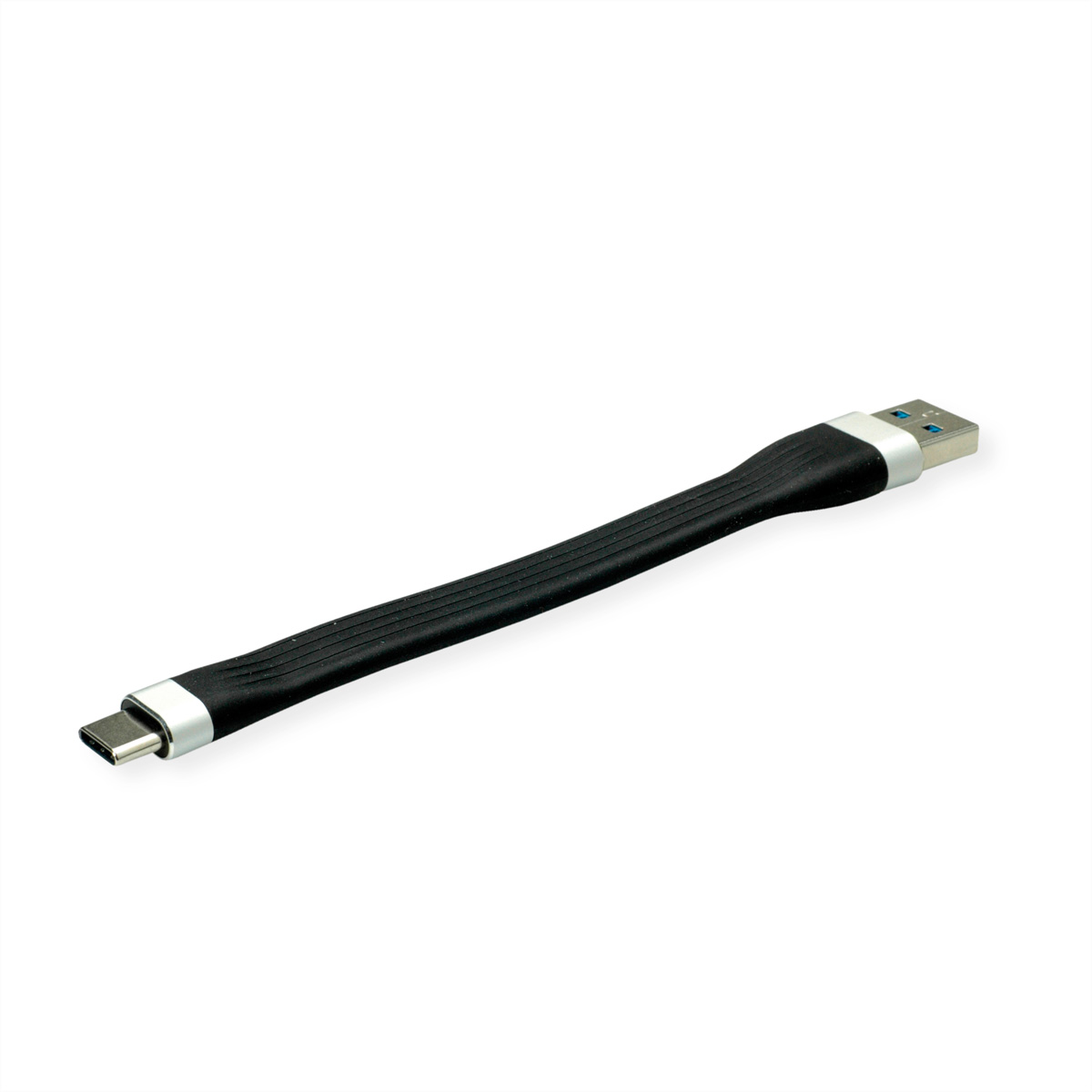 Black and silver USB cable with a USB-A and USB-C connector. The cable is ribbed and has a silver tip.