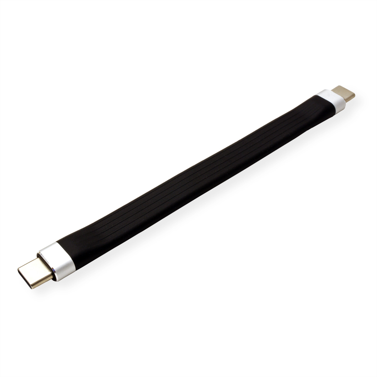 Un câble USB-C noir et argent, posé en diagonale sur un fond blanc.
