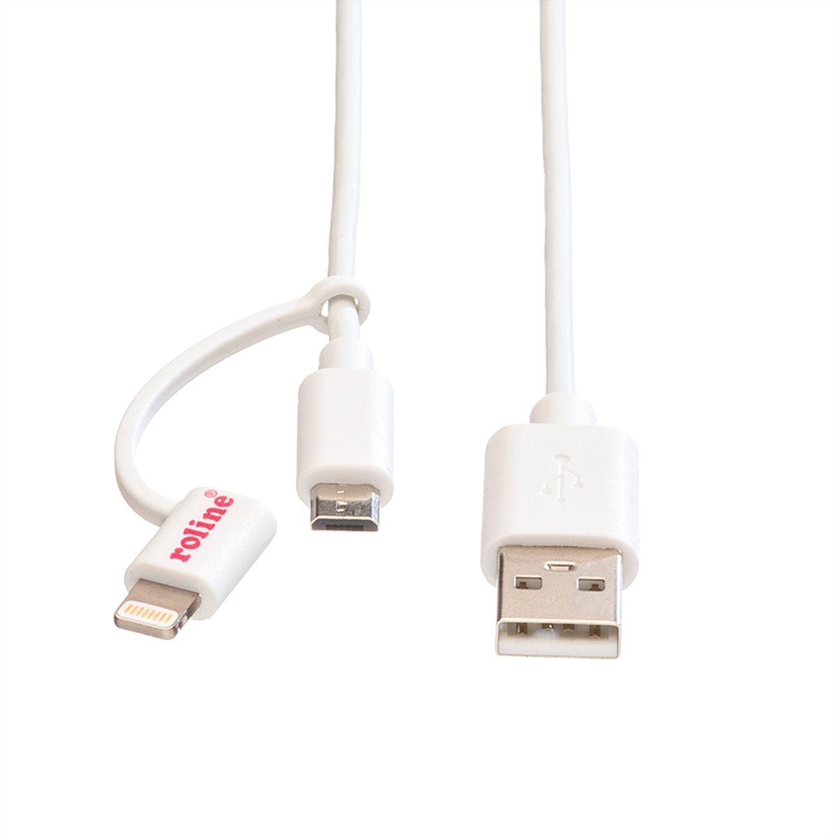 Weißes USB-Kabel mit Lightning und Micro-USB.