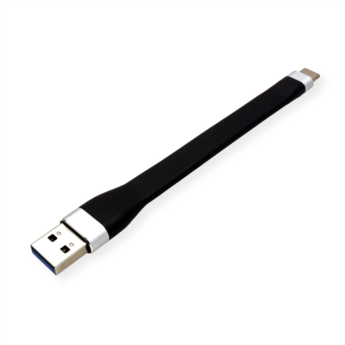 A black USB to USB-C cable with silver-colored metal connectors.