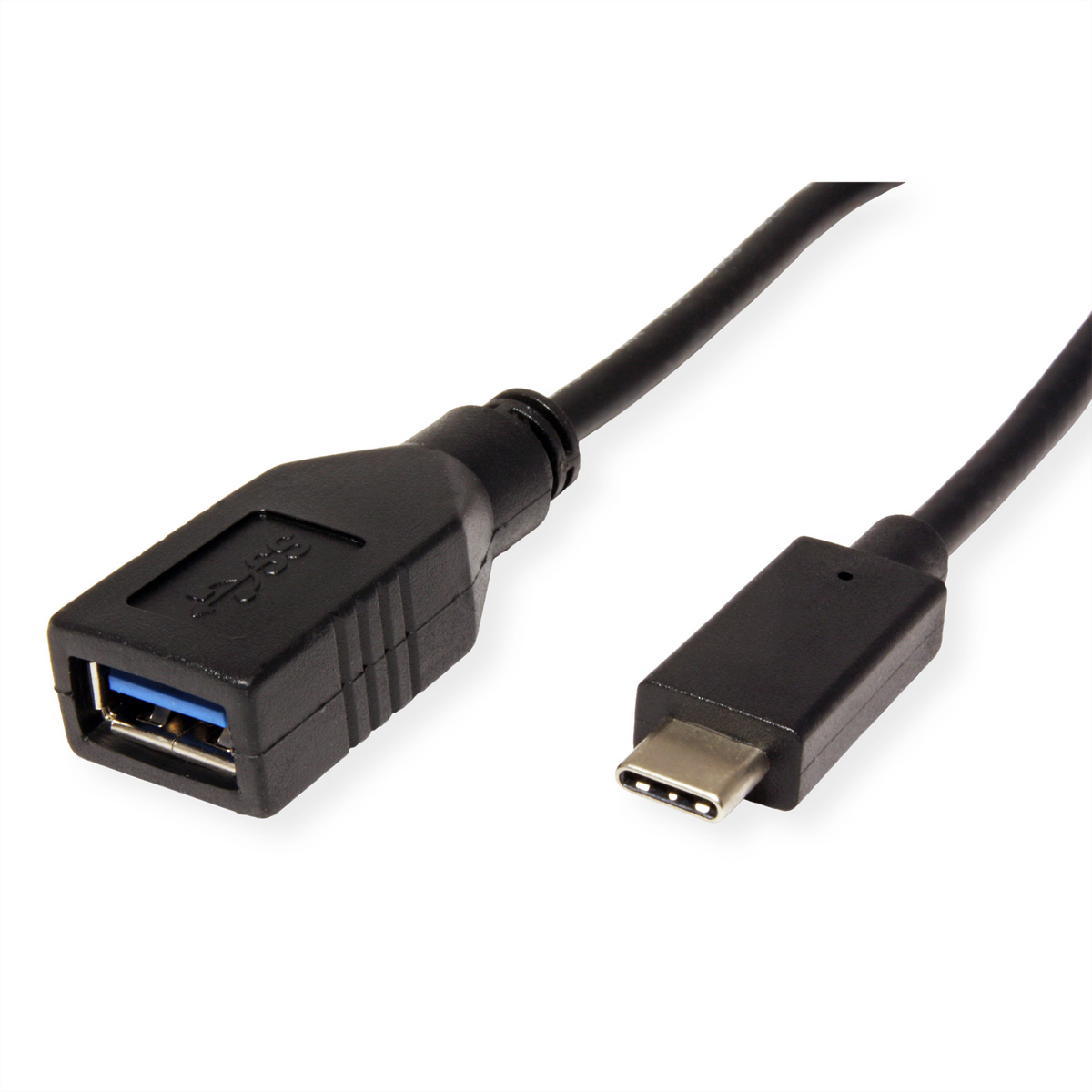Black USB to USB-C cable. USB-A plug on the left, USB-C plug on the right. White background.