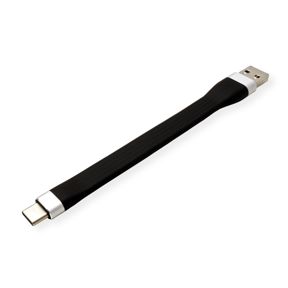 A black USB-C to USB adapter. It has a black body and silver ends.