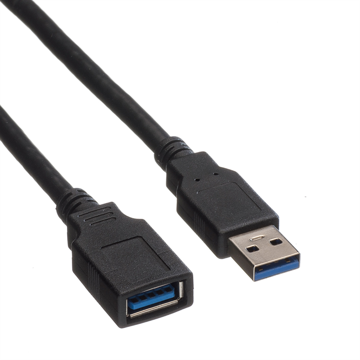 Zwarte USB 3.0-kabel met een mannelijke en vrouwelijke connector. De connectoren zijn zwart met blauwe inzetstukken.