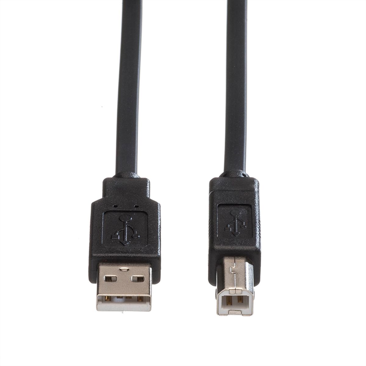 Two black USB cables. One with a USB-A connector and one with a USB-B connector.