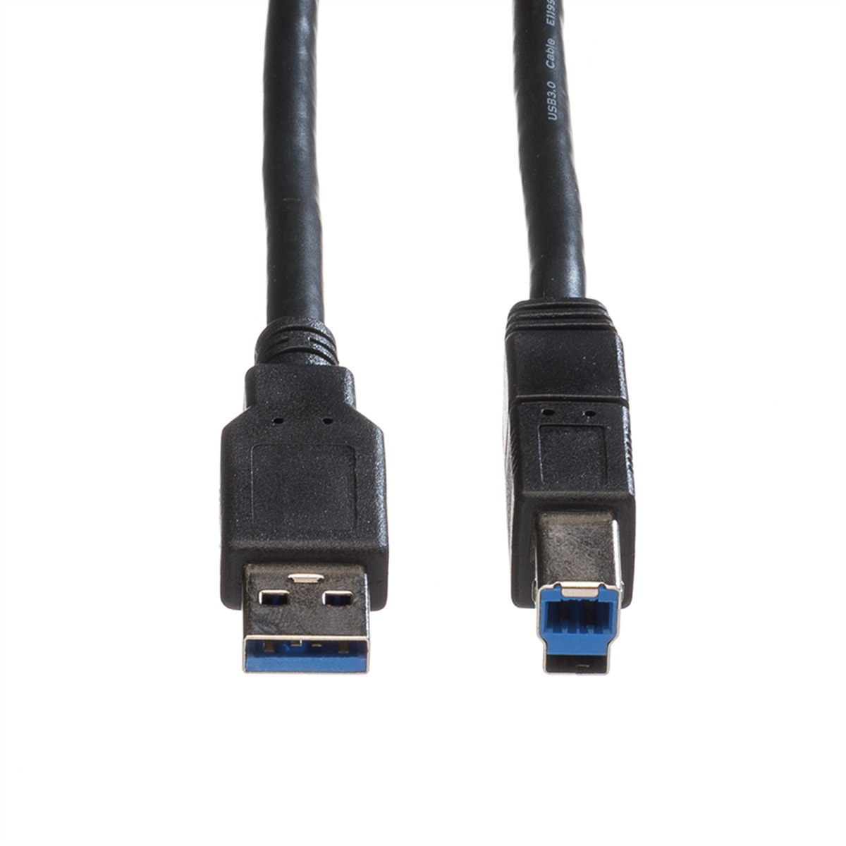 A black USB 3.0 cable, showing the USB-A and USB-B connectors in a close-up shot.