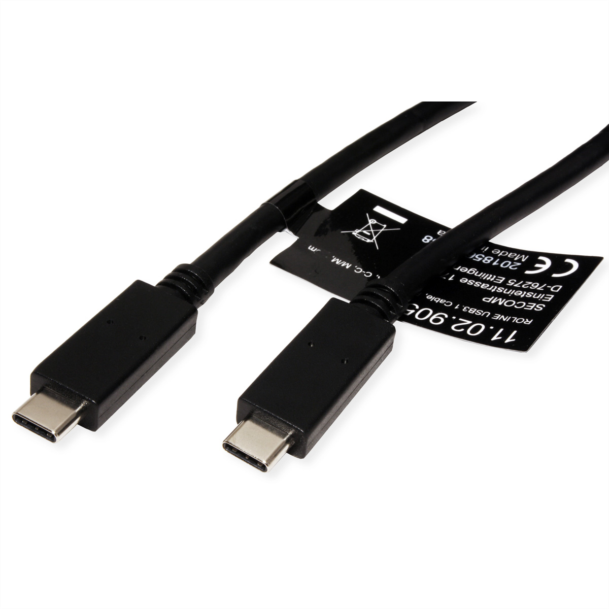 Twee zwarte USB-C-kabels met connectoren, die op een wit oppervlak liggen. Er zit een label in het midden.
