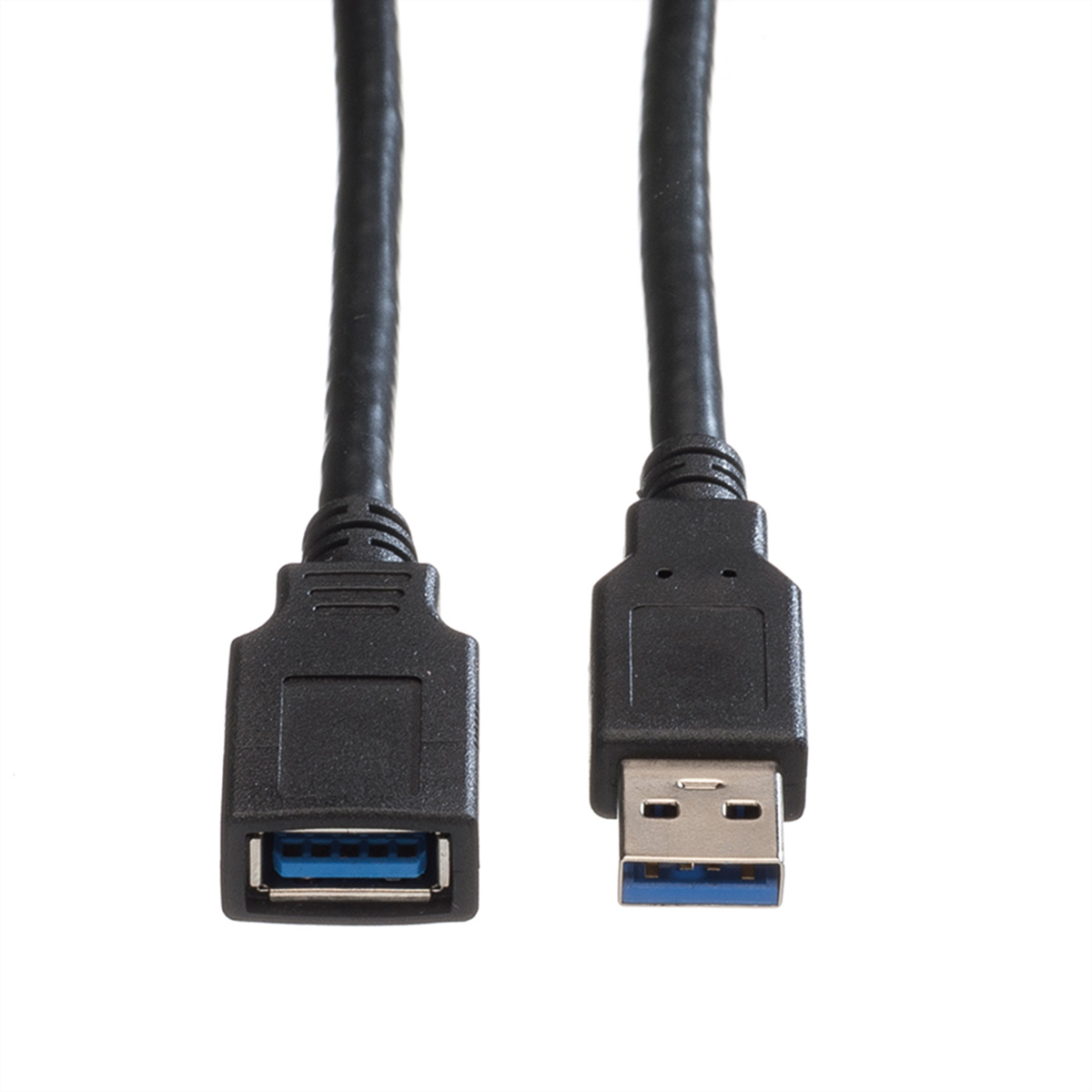 Twee zwarte USB-kabels. Een met USB-A female connector, een USB-A male.