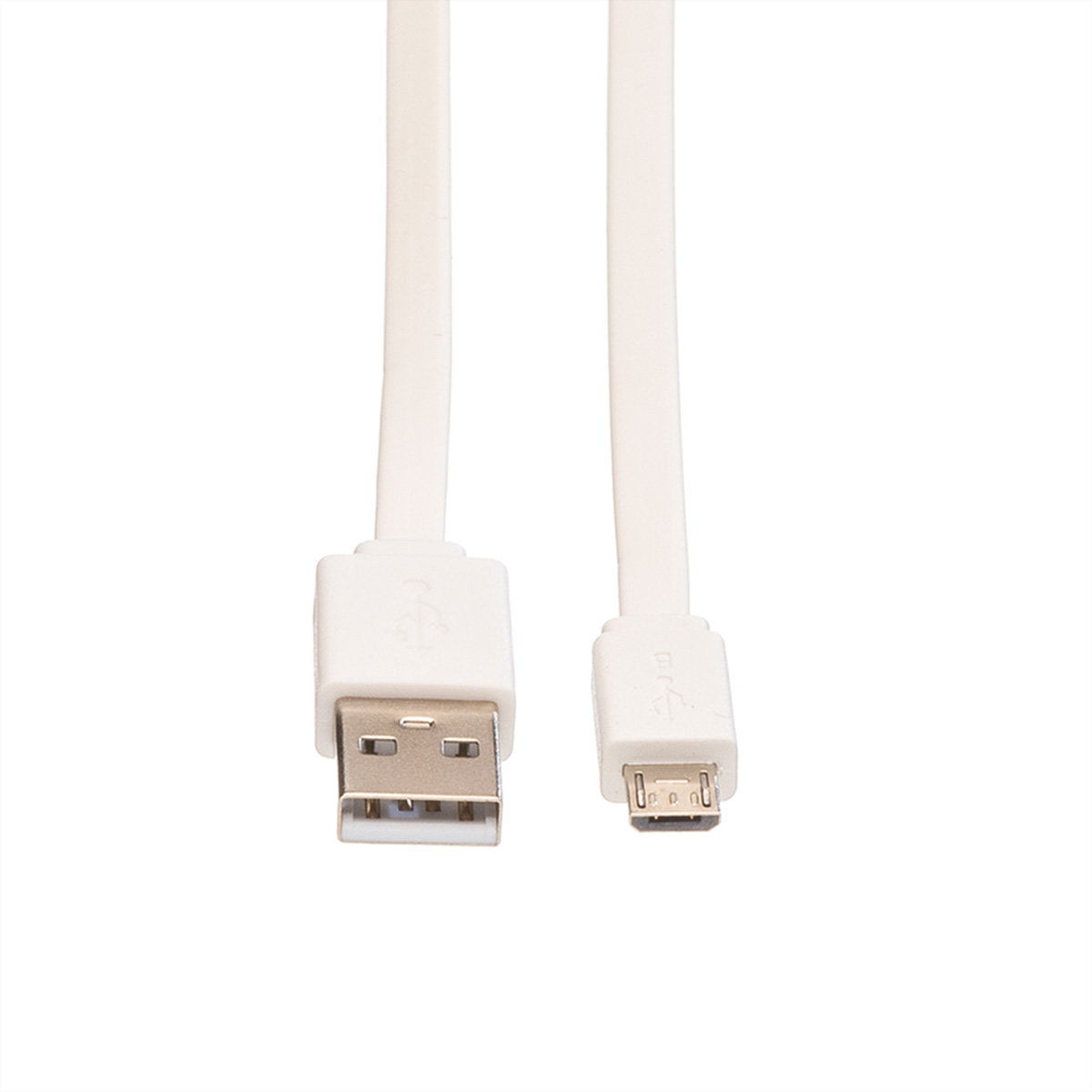 Witte USB-kabel met USB-A en micro-USB connectoren, op witte achtergrond.