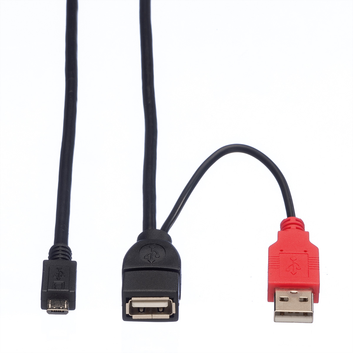Trois câbles USB : micro USB, USB-A vers USB-A et USB-A vers micro USB. Fond blanc.