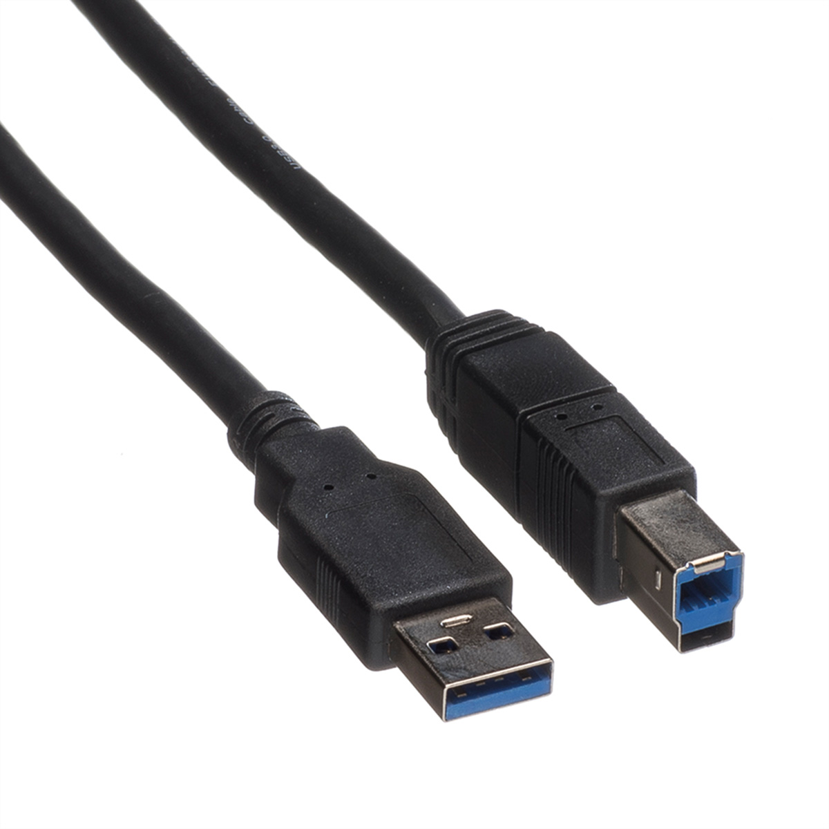 Two black USB cables, one with a USB-A and the other with a USB-B connector. Blue connector.