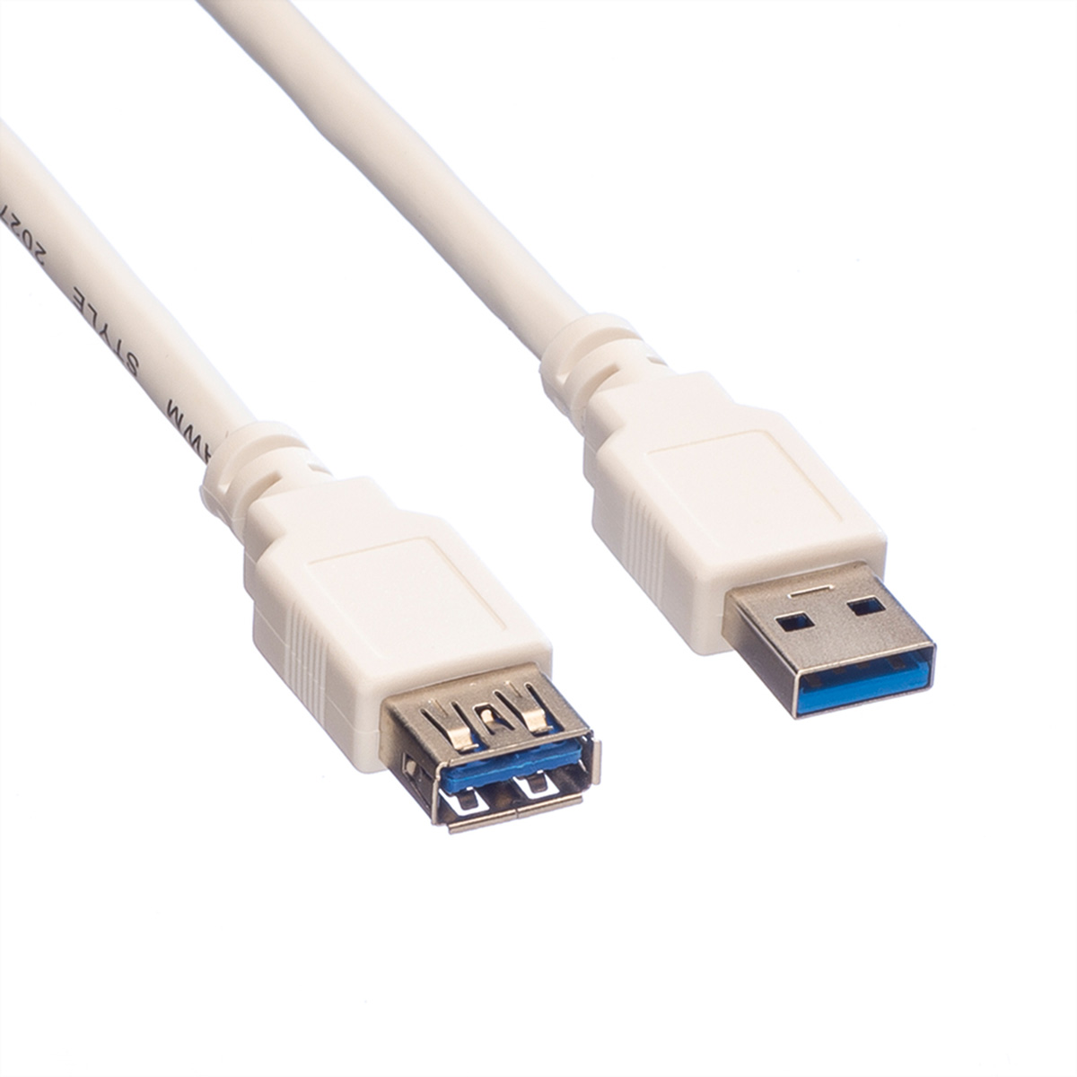 Câble USB blanc avec connecteurs USB-A et USB-B, isolé sur blanc.