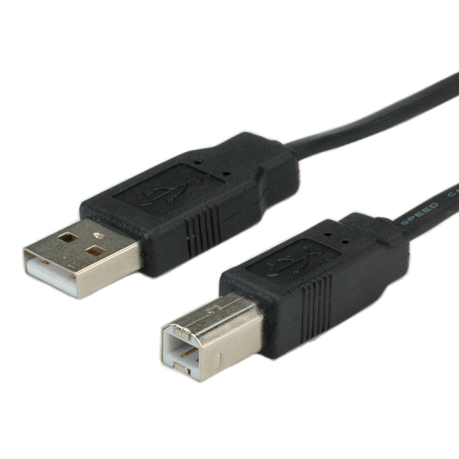A black USB cable with a USB connector and a printer connector on a white background.