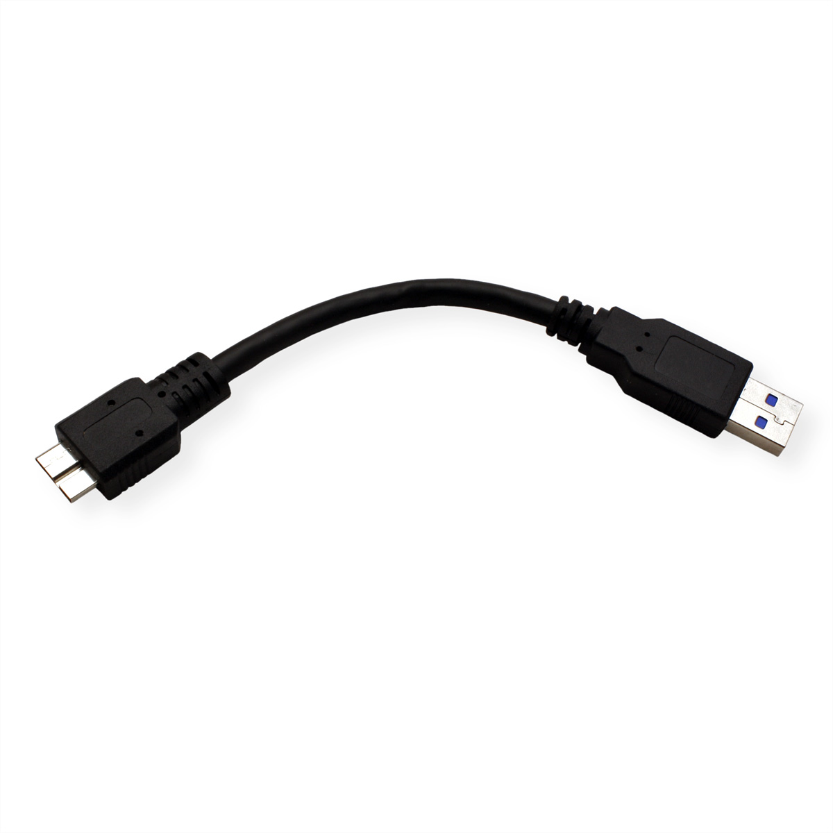 Un câble USB noir avec un connecteur USB-A et micro-USB, sur fond blanc.