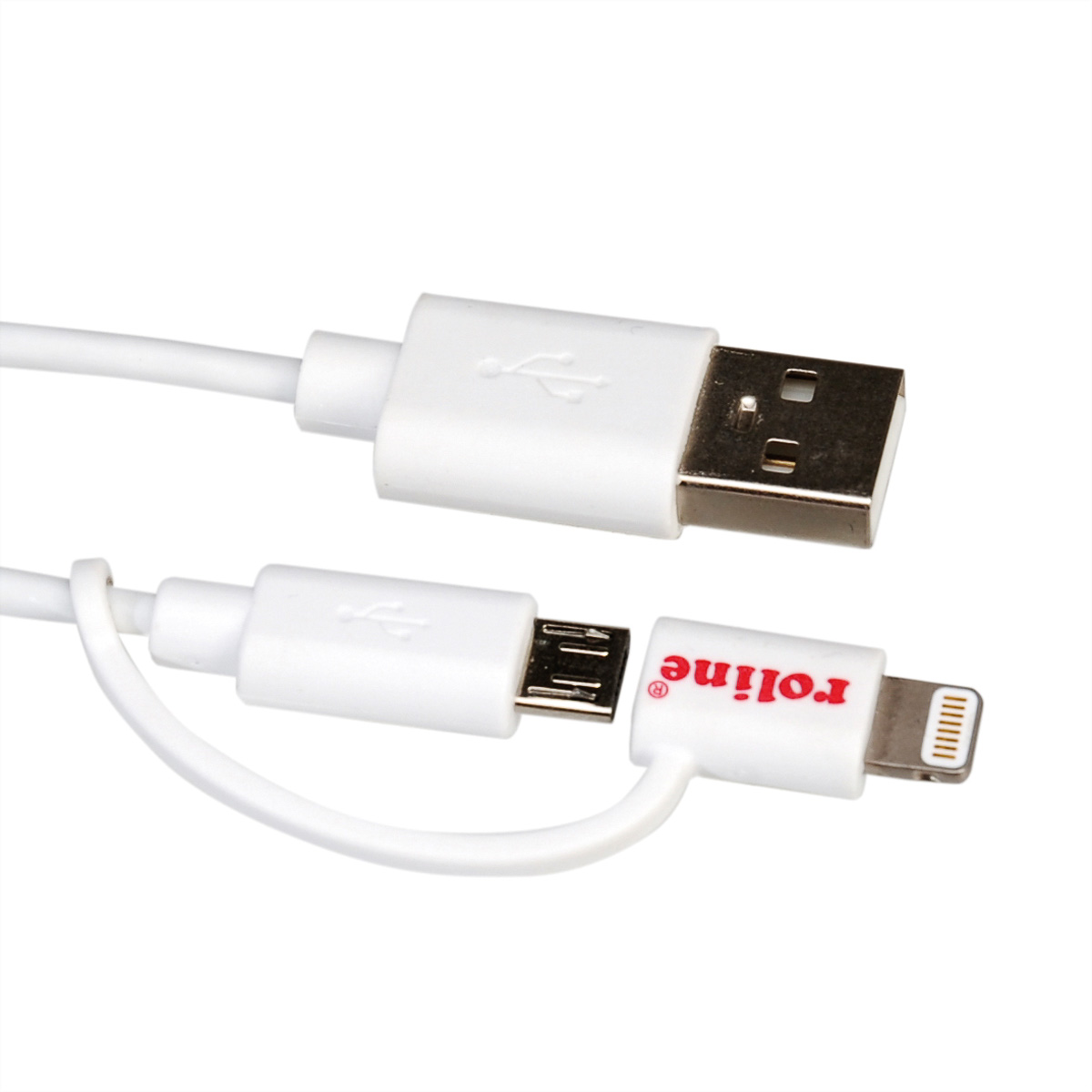 Weißes USB-Kabel mit USB- und Lightning-Anschlüssen. Das Wort 'roline' ist auf dem Lightning-Anschluss aufgedruckt.