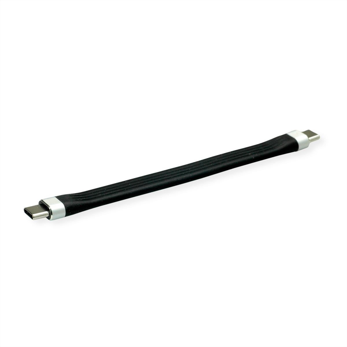 Un câble USB noir, avec des connecteurs USB-C aux deux extrémités. Le câble est noir avec un centre texturé.